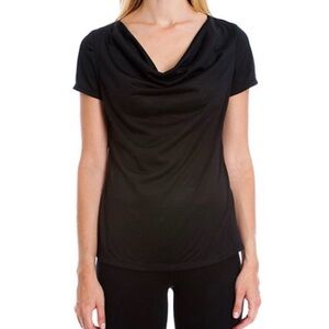 ST. JOHN POLISHED JERSEY COWL DRAPED NECK SHORT SLEEVE TOP BLACK SZ SMALL
